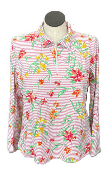Ibkul Pink & White Striped & Floral Long Sleeve Sun Shirt Size XXL MSP$100