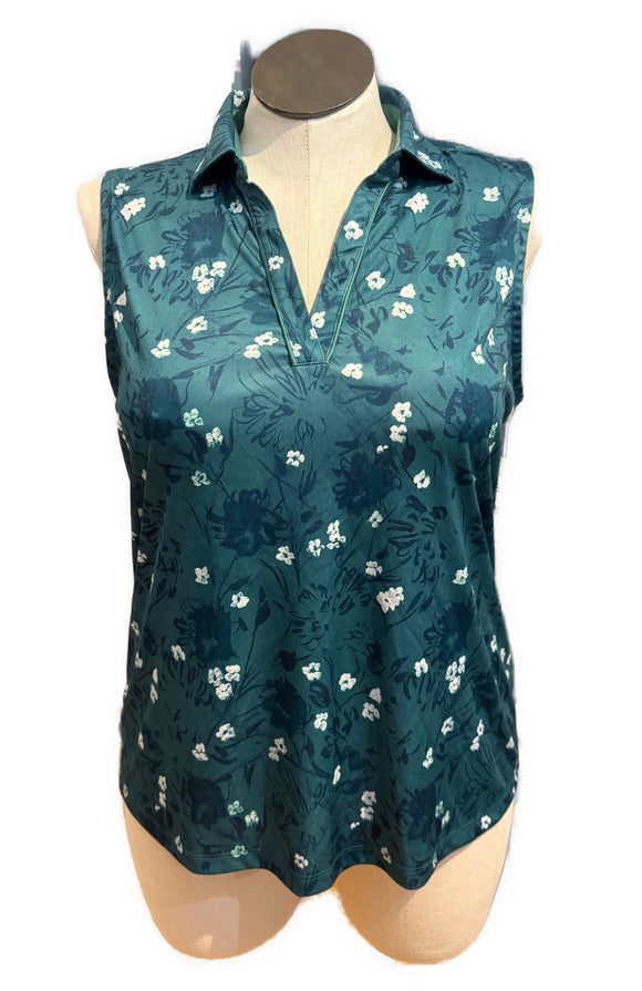 Greg Norman Jade Sleeveless Polo w/ White Flowers Size XL