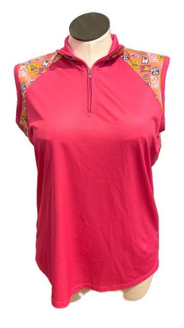 Bermuda Sands Pink & Orange Postage Stamp Sleeveless Mock Top SIze XL
