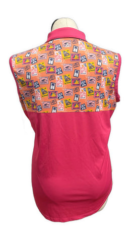Bermuda Sands Pink & Orange Postage Stamp Sleeveless Mock Top SIze XL - 0
