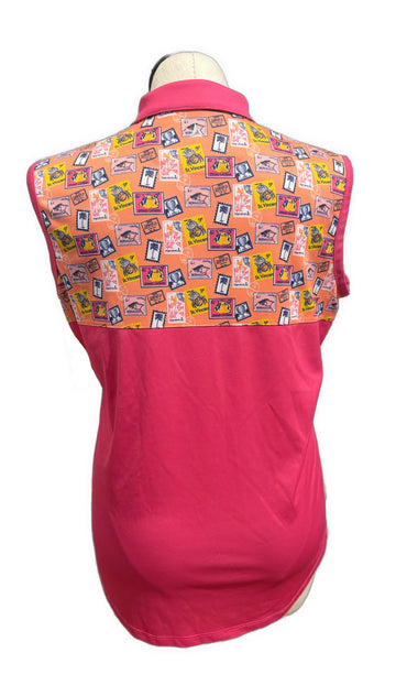 Bermuda Sands Pink & Orange Postage Stamp Sleeveless Mock Top SIze XL - 0