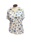 New Weekends by Chicos White Short Sleeve Top w/Navy Beach Pattern Size XL-1