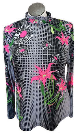 Sunsense by Jamie Sadock Gray & Black Square w/ Pink Flowers Print Sun Shirt Size XL