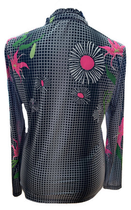 Sunsense by Jamie Sadock Gray & Black Square w/ Pink Flowers Print Sun Shirt Size XL - 0