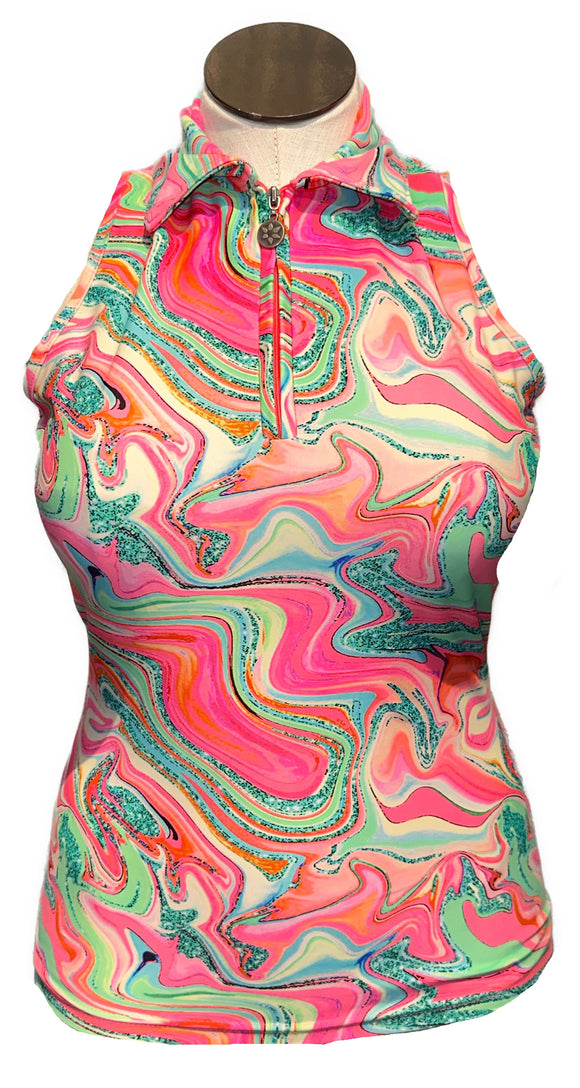 Tzu Tzu Pink & Green Wavy Patterned Sleeveless Top Size M