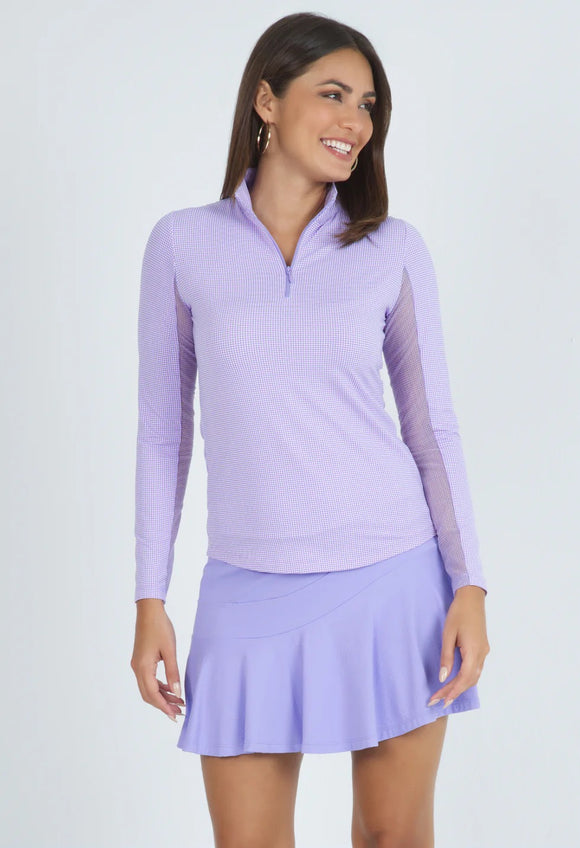 Ibkul Women's Mini-Check Long Sleeve Zip Mock Sun Shirt Pullover Size L MSP$100