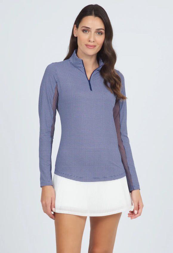 Ibkul Women's Mini-Check Long Sleeve Zip Mock Sun Shirt Pullover Size L MSP$100