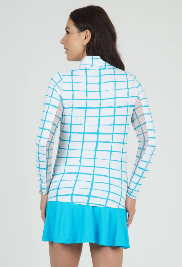 Ibkul Cordova Print Long Sleeve Mock Neck Sun Shirt - Turquoise Size M MSP$100