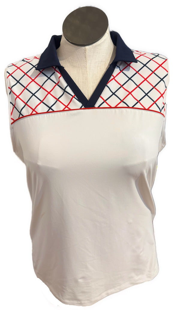 Lady Hagen Women's White Sleeveless Golf Top w/Red & Navy Patterns Size XL