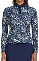 New Bad Birdie Women's Long Sleeve Super Duper Bloom Polo - Dark Navy-1