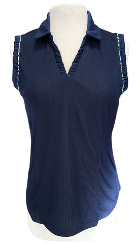 Pebble Beach Navy Ruched Sleeveless Woman's Golf Top Size L