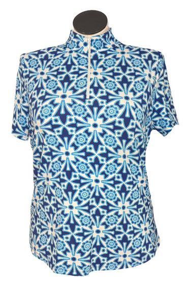 Ibkul Blue, Navy & White Short Sleeve Mock Top Size XL