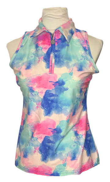 Tzu Tzu Women's Teal & Pink Watercolor Print Sleeveless Golf Top Size M