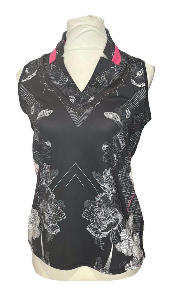 Lucky in Love Women's Black Sleeveless Top w/White Floral Print Size M