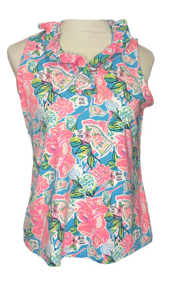 Lulu B Women's Teal & Pink Floral Print Sleeveless Golf Top Size S