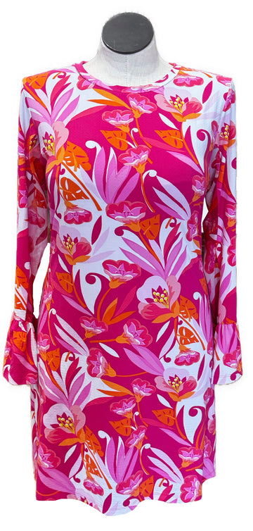 New Ibkul Crew Neck Dress w/ Bell Sleeves - Caroline Pink Combo MSP$118