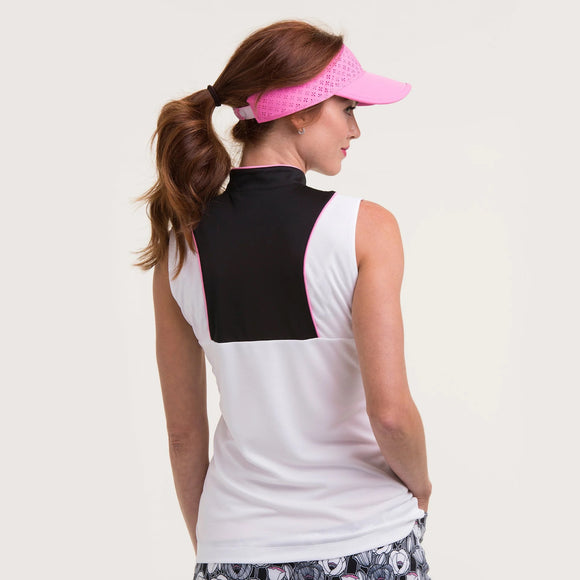 New EP NY Sleeveless Zip Mandarin Collar Golf Polo - White/Black MSP$80