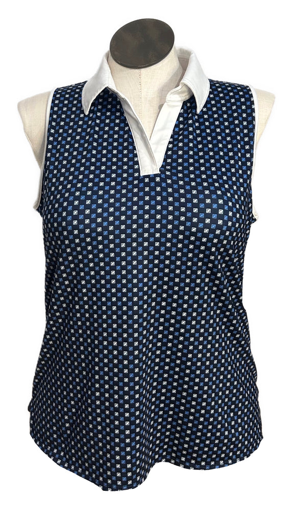 Belyn Key Navy Square Print Sleeveless Golf Polo Size XL
