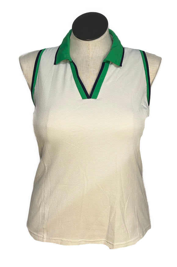 Kinona Women's White Sleeveless Golf Top w/Navy & Green Size L