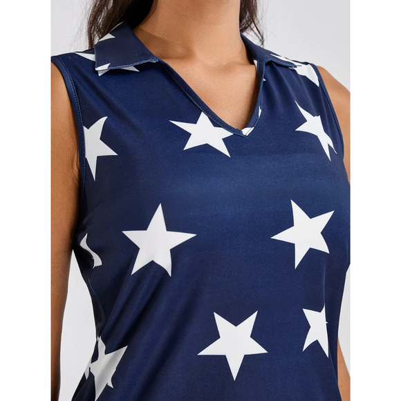 Soneven White Stars on Dark Blue V-Neck Sleeveless Polo Size M