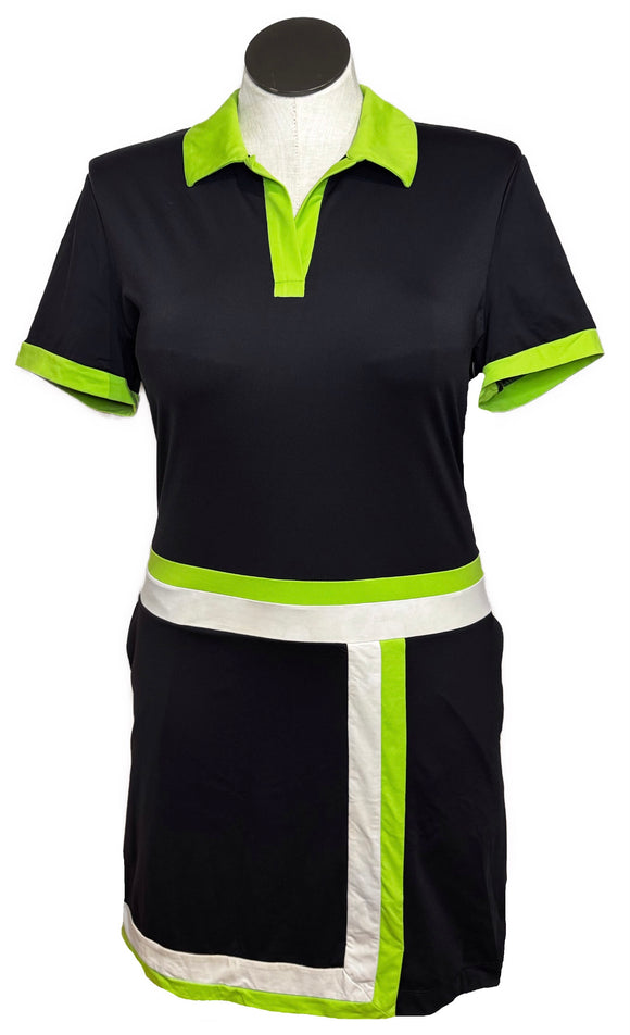 Kinona Black, White & Lime Green Short Sleeve Dress Size L MSP$159