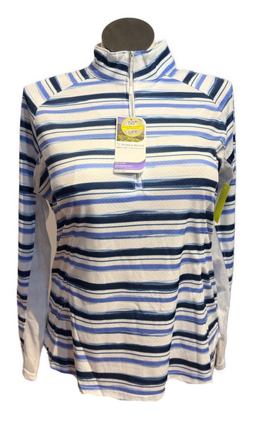 New Pebble Beach White, Navy & Blue Horizontal Stripe Sun Shirt Size XL