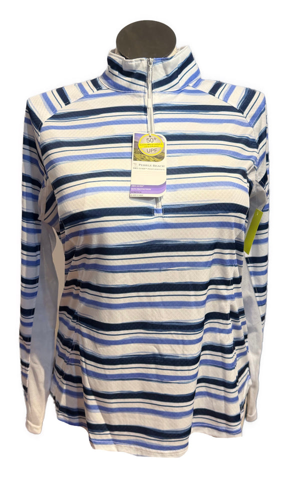 New Pebble Beach White, Navy & Blue Horizontal Stripe Sun Shirt Size XL