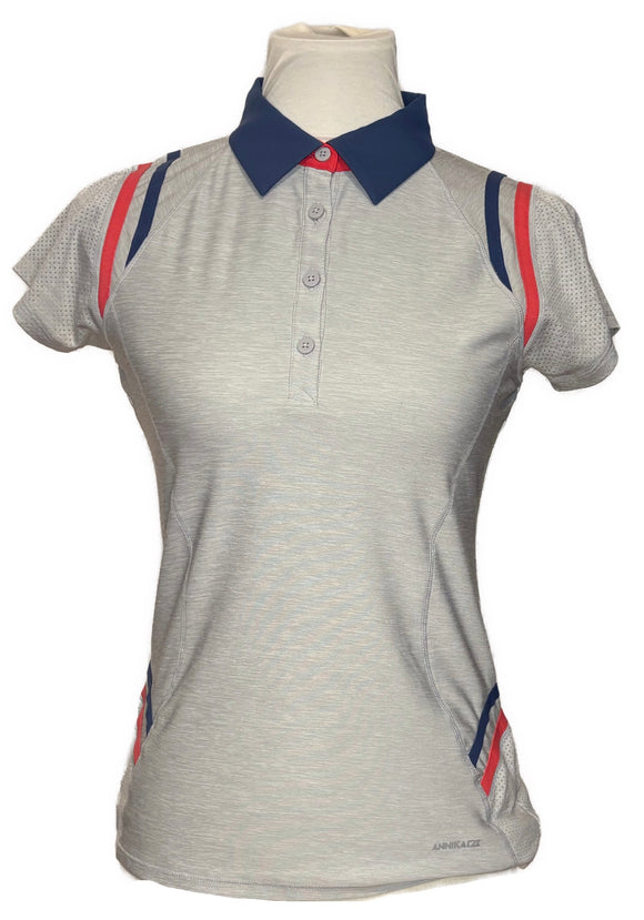 Annika Cutter & Buck Light Gray Polo w/ Navy, Red Stripes Size XS