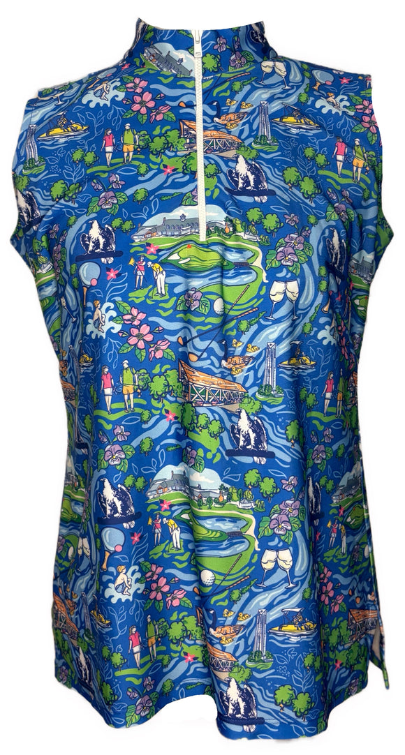Katherine Way Blue Golfer Print Sleeveless Golf Top Size S MSP$128