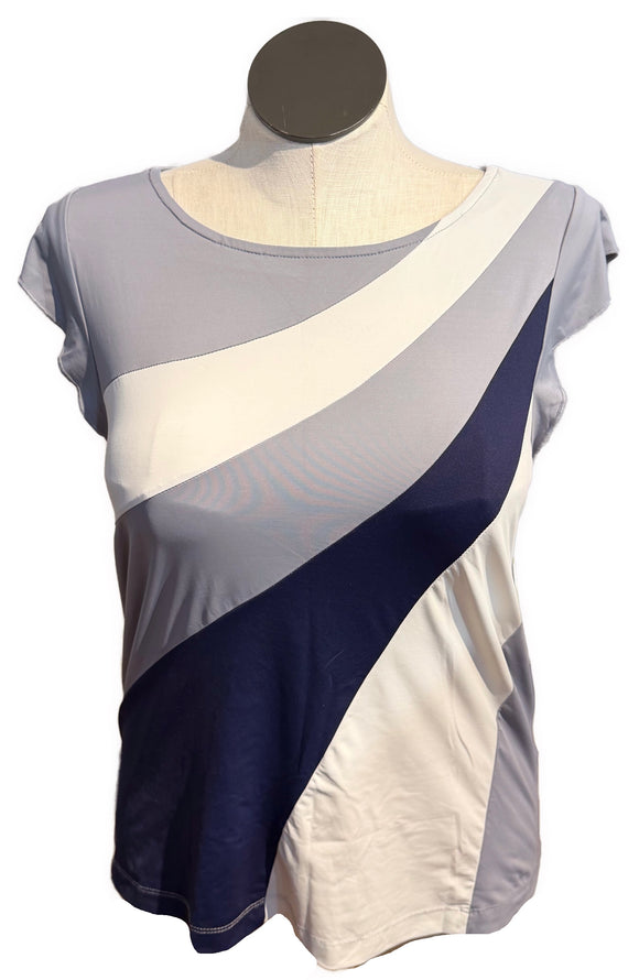Kinona Gray, Navy & White Cap Sleeve Top Size L