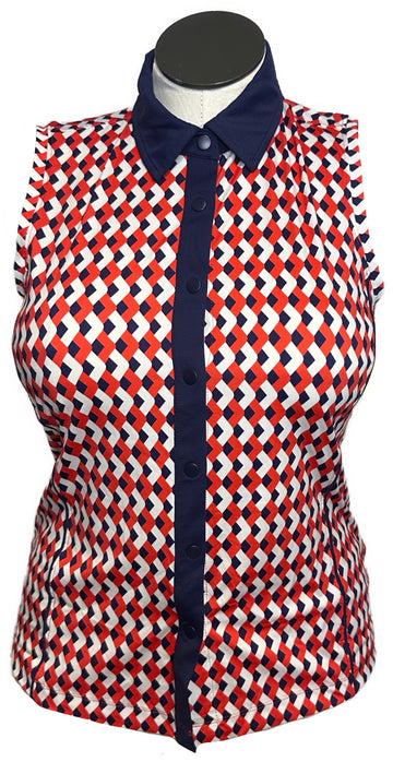 Kinona Women's Red, White & Navy Full Button Sleeveless Golf Top Size M