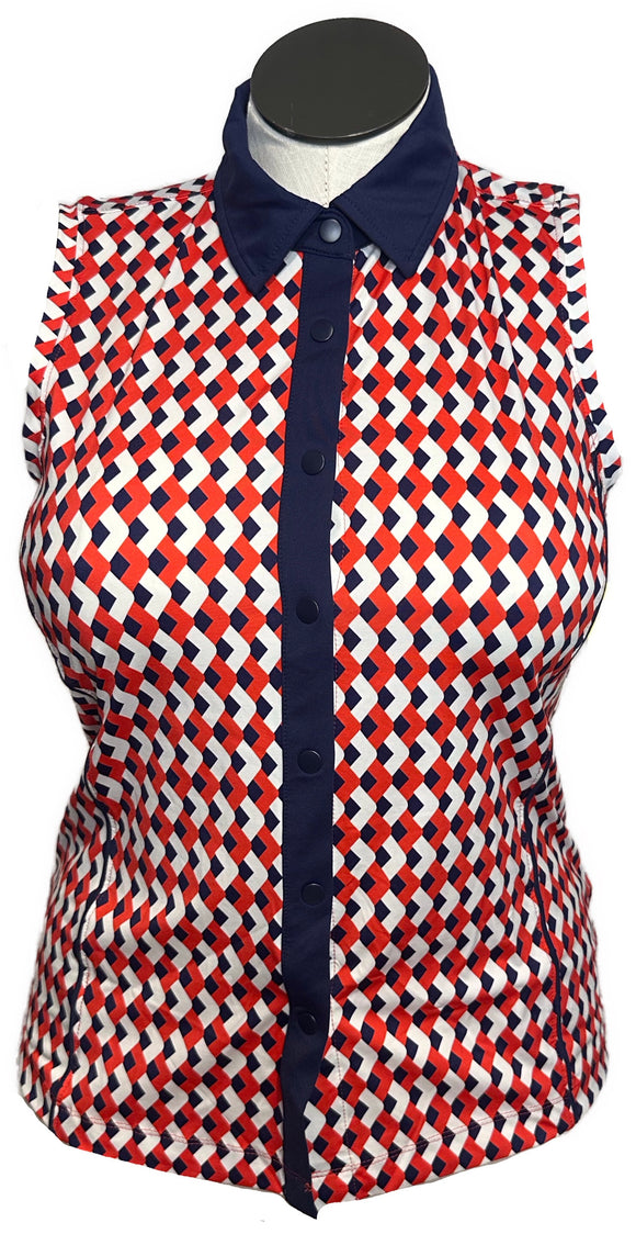 Kinona Women's Red, White & Navy Full Button Sleeveless Golf Top Size M