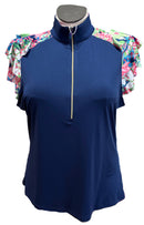 New Greg Norman Navy Mock w/ Floral Ruffle Layer Sleeves Size XL-1