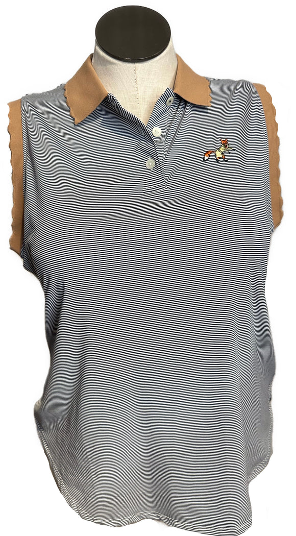 Peter Millar Navy Stripe Polo w/ Tan Scallop Collar & Trim Size XL
