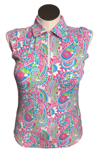 Ibkul Bright Multicolored Paisley Sleeveless Polo Size M