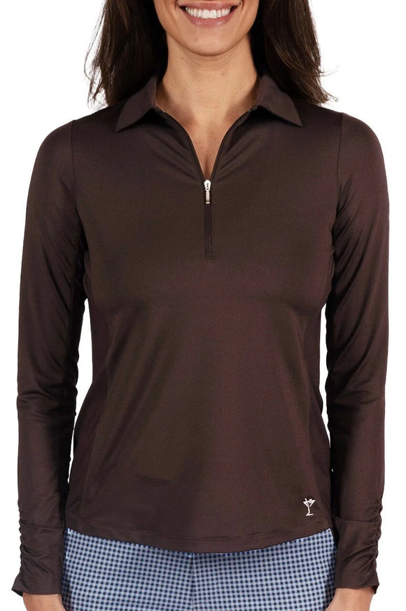 New Golftini Cocoa Long Sleeve Zip Tech Polo w/ Logo MSP$110