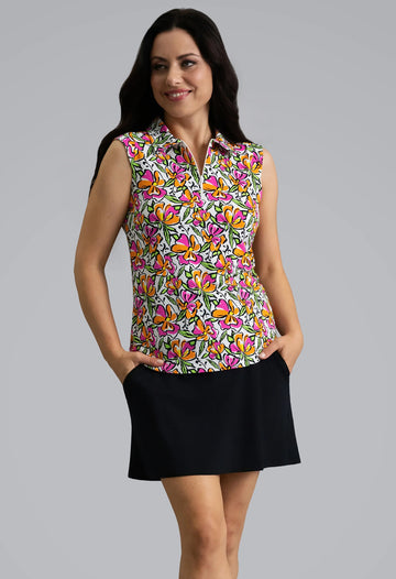 New Ibkul Sonia Sleeveless Polo - Hot Pink/Orange Peel Size S MSP $96