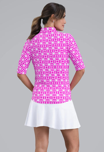 New Ibkul Carolyn Ruched Elbow Sleeve Mandarin Collar Top - Hot Pink  Size S MSP $104 - 0