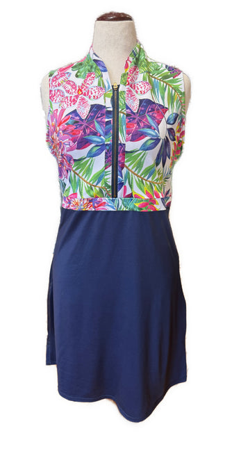 Allie Burke Exotic Floral & Navy Sleeveless Golf Dress Size XL MSP$189 - 0