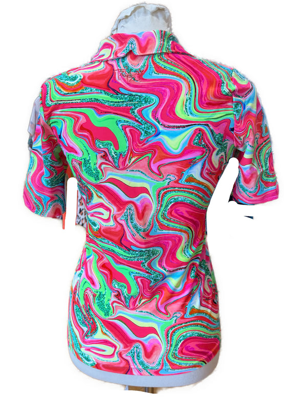 New Tzu Tzu V-neck Half Sleeve Golf Top - Dazzle Size S MSP$99