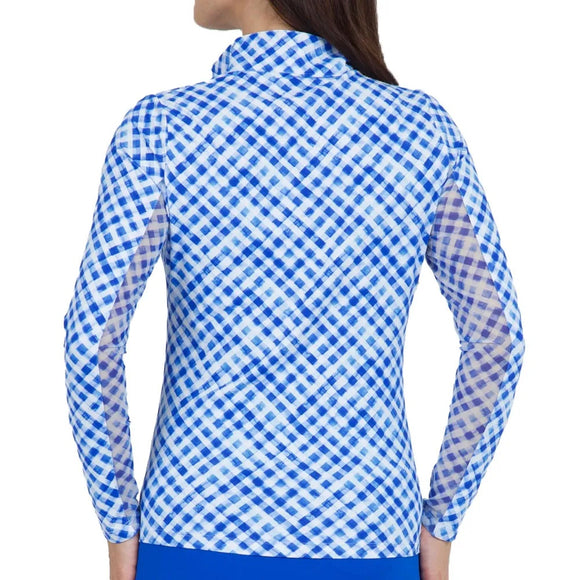 New Ibkul Gingham Check Print Long Sleeve Mock Neck Top MSP $101