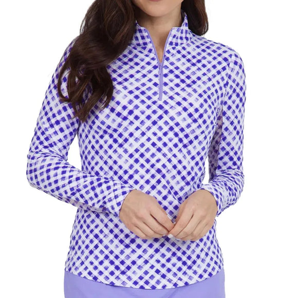 New Ibkul Gingham Check Print Long Sleeve Mock Neck Top MSP $101