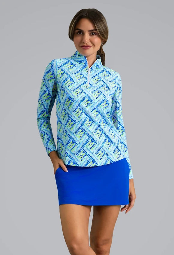 New Ibkul Nina Long Sleeve Mock Neck Top - Blue Multi MSP $105