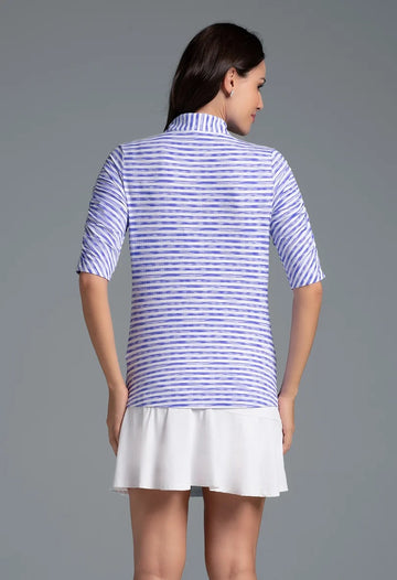New Ibkul Landon Stripe II Print Ruched Elbow Sleeve Top MSP $104