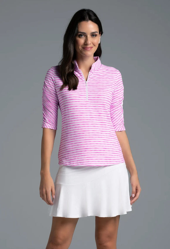 New Ibkul Landon Stripe II Print Ruched Elbow Sleeve Top MSP $104