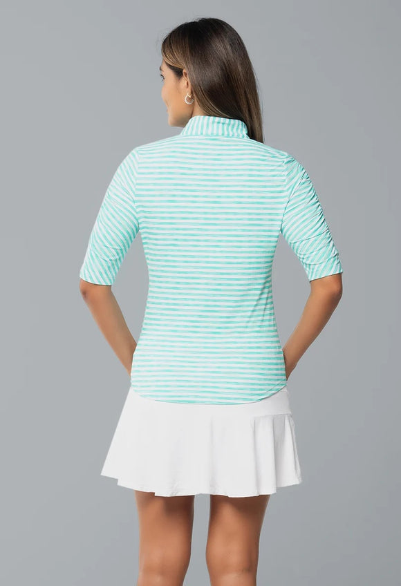 New Ibkul Landon Stripe II Print Ruched Elbow Sleeve Top MSP $104