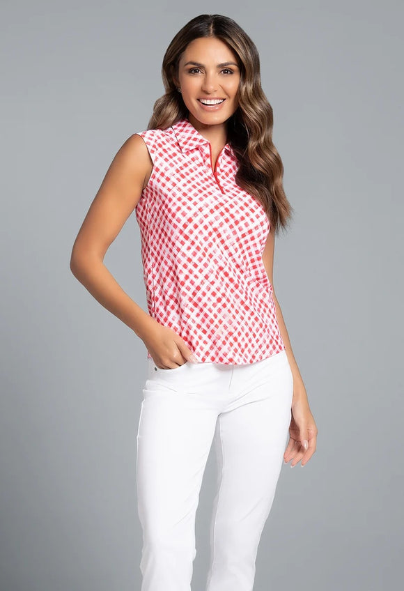 New Ibkul Gingham Check Print Sleeveless Polo Size S MSP $91