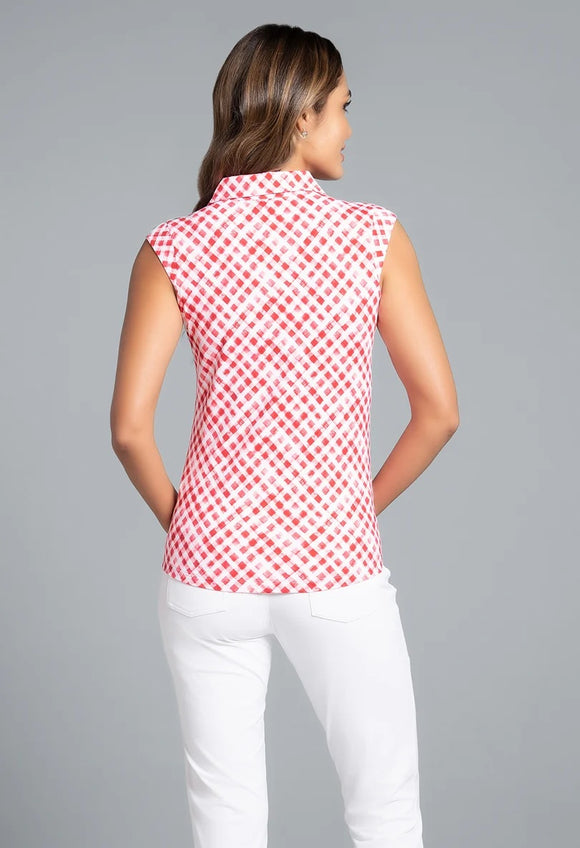 New Ibkul Gingham Check Print Sleeveless Polo Size S MSP $91