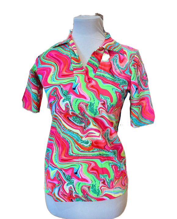 New Tzu Tzu V-neck Half Sleeve Golf Top - Dazzle Size S MSP$99