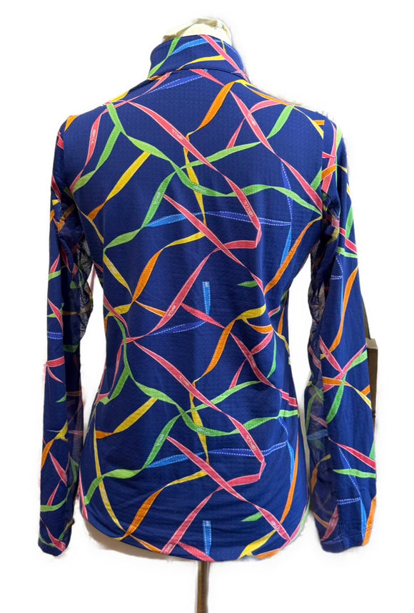 Ibkul Blue Ribbons Print Zip Mock Sun Shirt Size S MSP$100